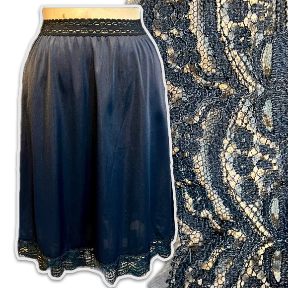 VINTAGE lace trim silky nylon half skirt dress slip lingerie sexy boudoir 80s - Picture 1 of 12